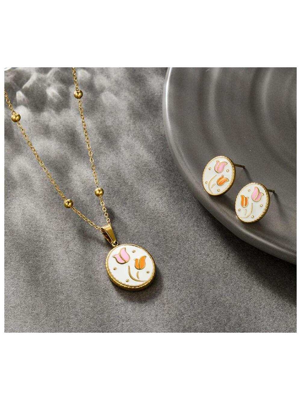Vintage style pink and orane tulips - Necklace/Earring set - Gold - 18"